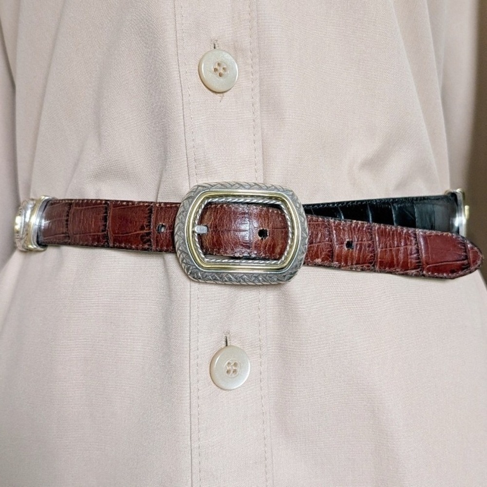 Vintage 80s Western Boho Chic Sliver-Gold Brown & Black Genuine Leather Belt